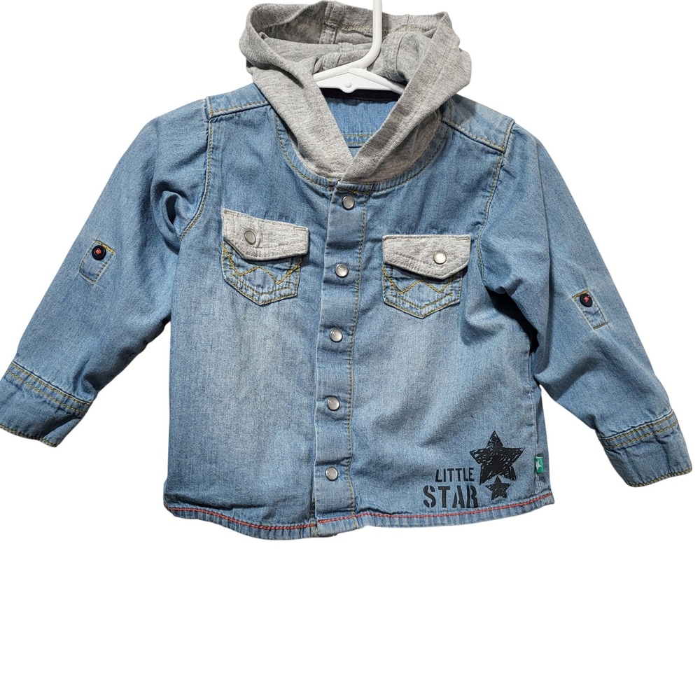 M&S Kids Boys Denim‎ Hooded Button Up Light Wash Little Star Size 12 18 Months